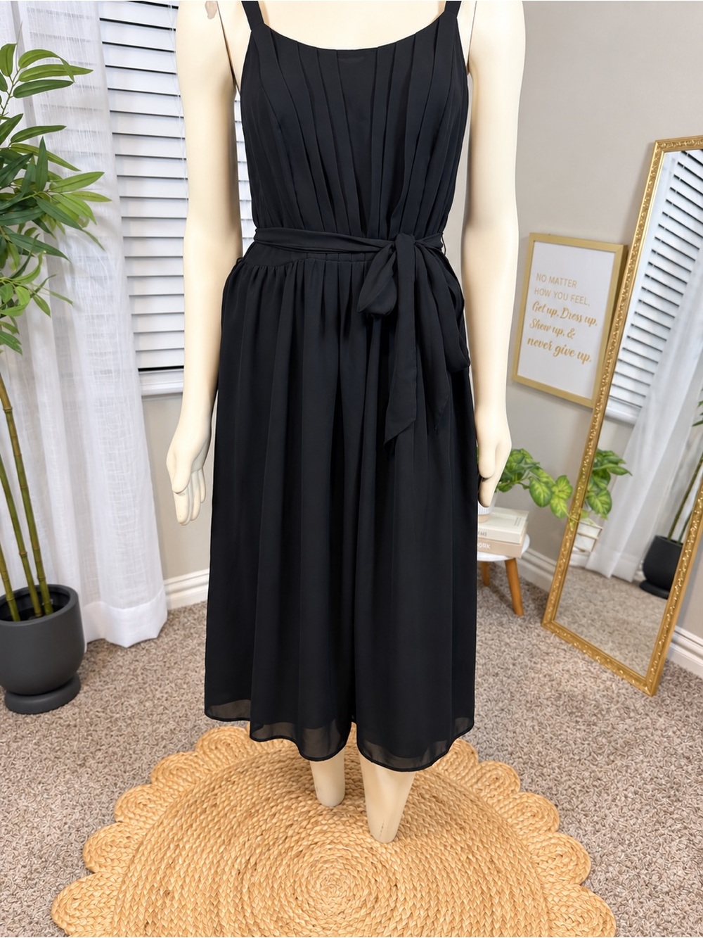 LOFT Black Pleated Tie-Waist Midi Dress – Size 10